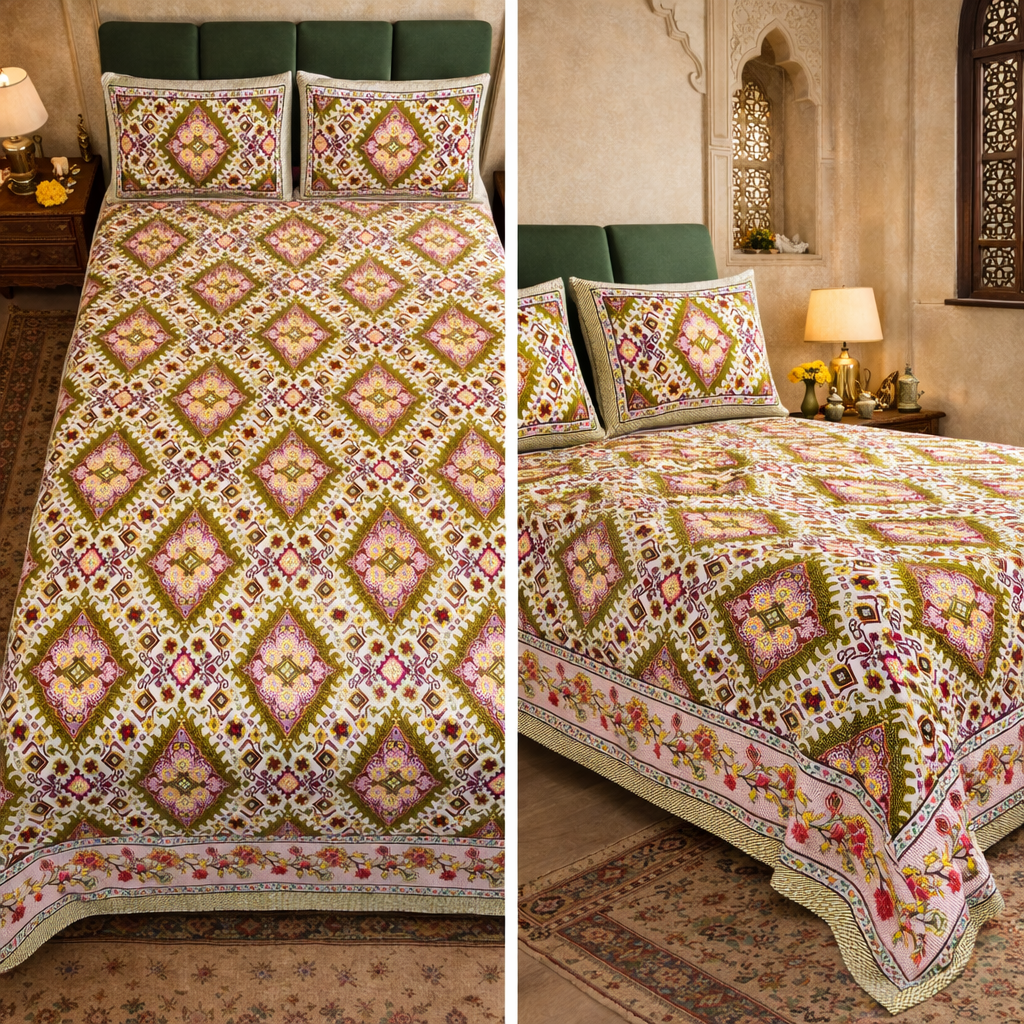 Vantara Handblock Inspired King Size Bedsheet Set – Multicolor Rajasthani Ethnic Print