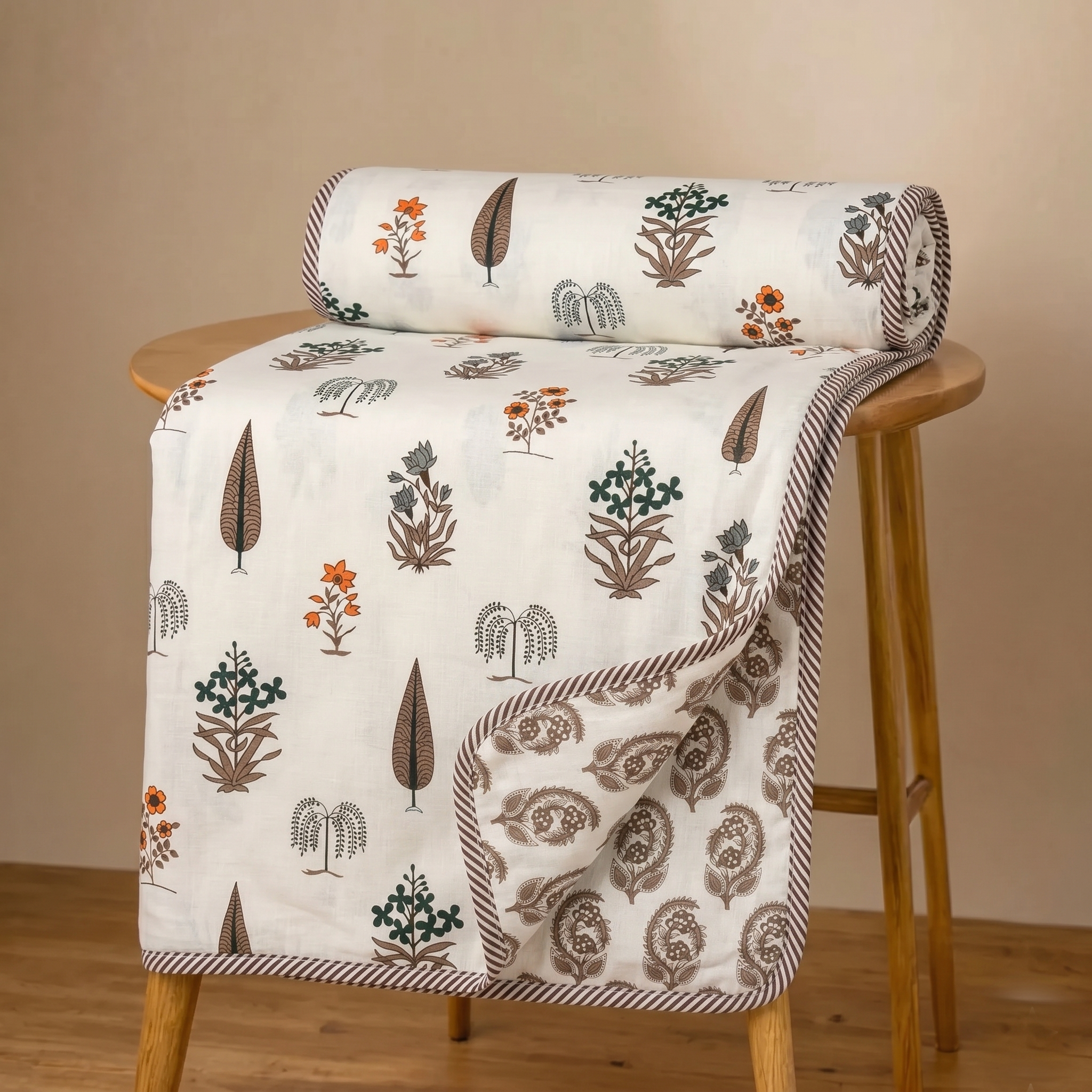 Earthy Floral & Leaf Print Reversible Pure Cotton Single Bed Dohar