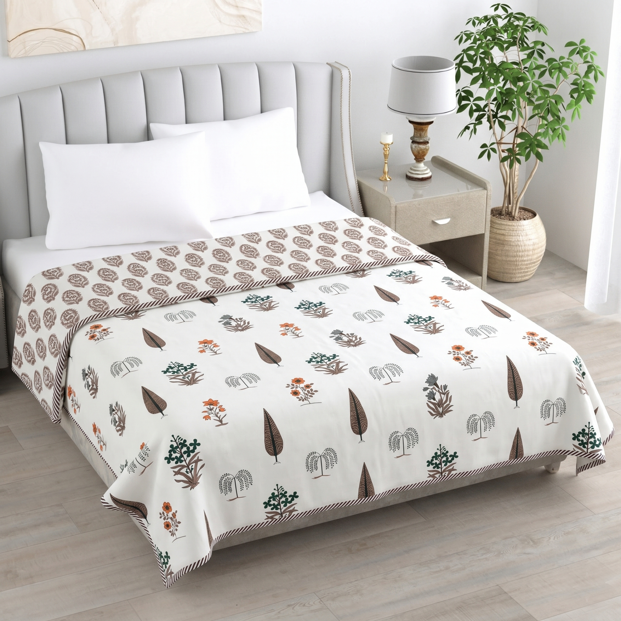 Earthy Floral & Leaf Print Reversible Pure Cotton Single Bed Dohar