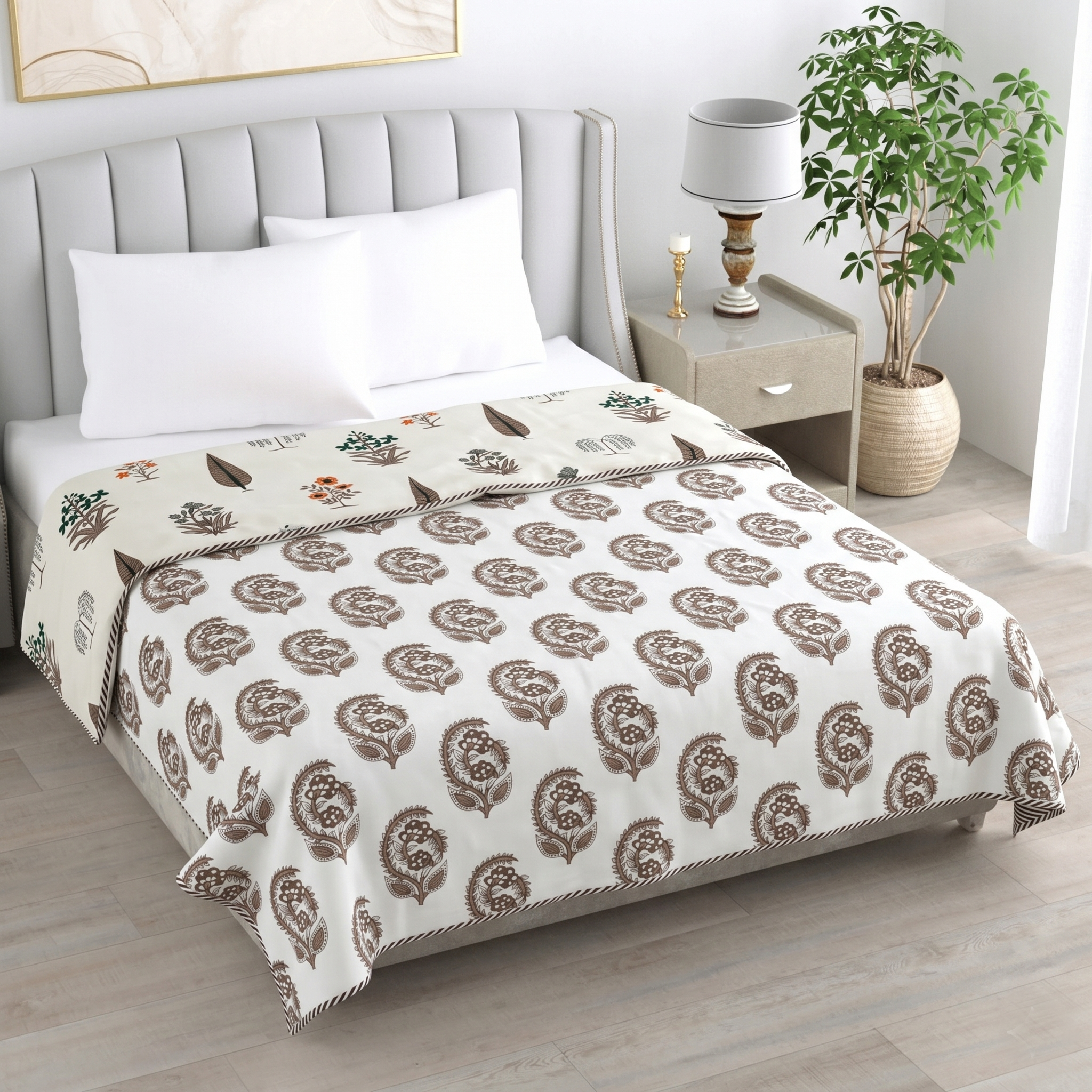Earthy Floral & Leaf Print Reversible Pure Cotton Single Bed Dohar