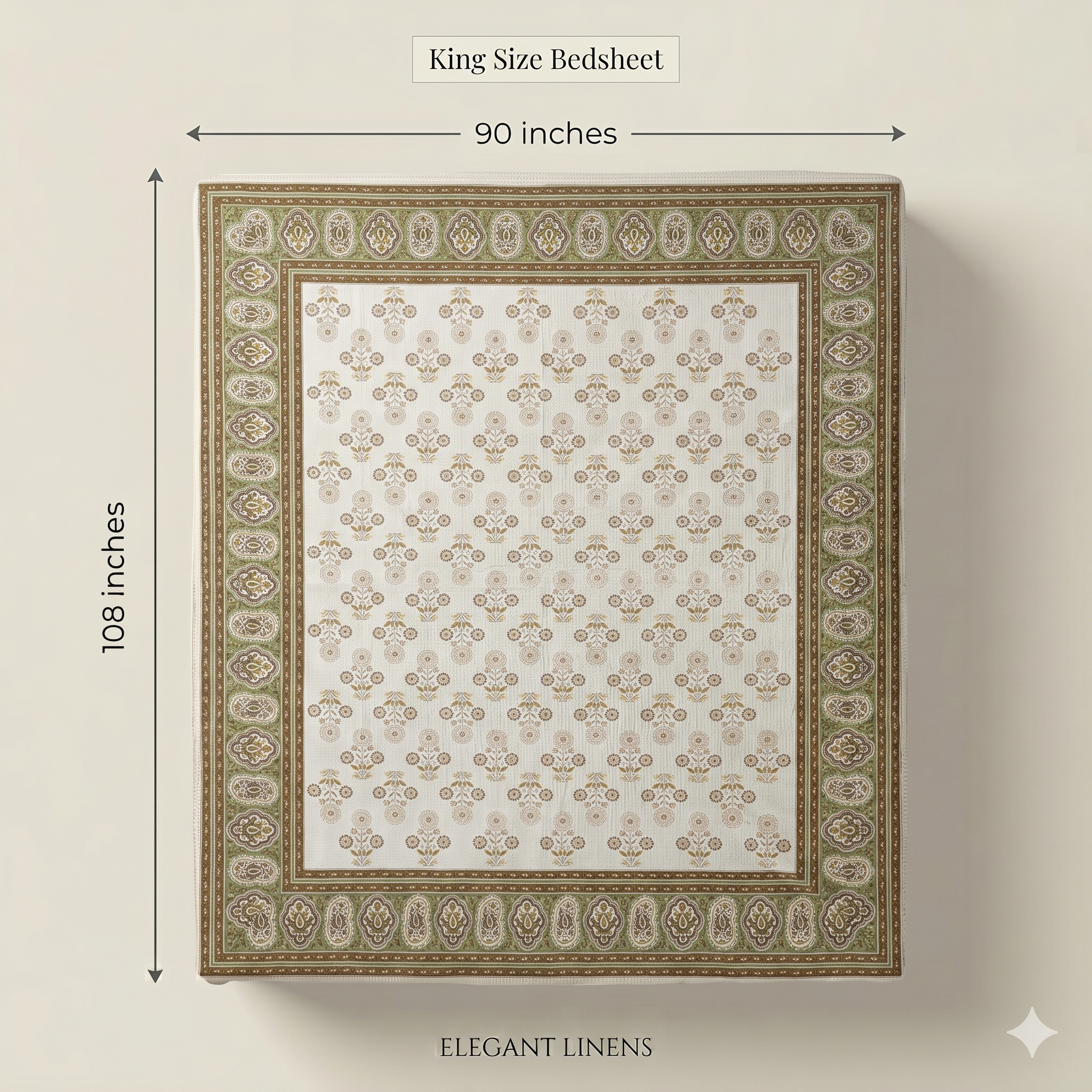 Premium Pure Cotton Bedsheet – Ethnic Floral Border Print (Beige & Brown)