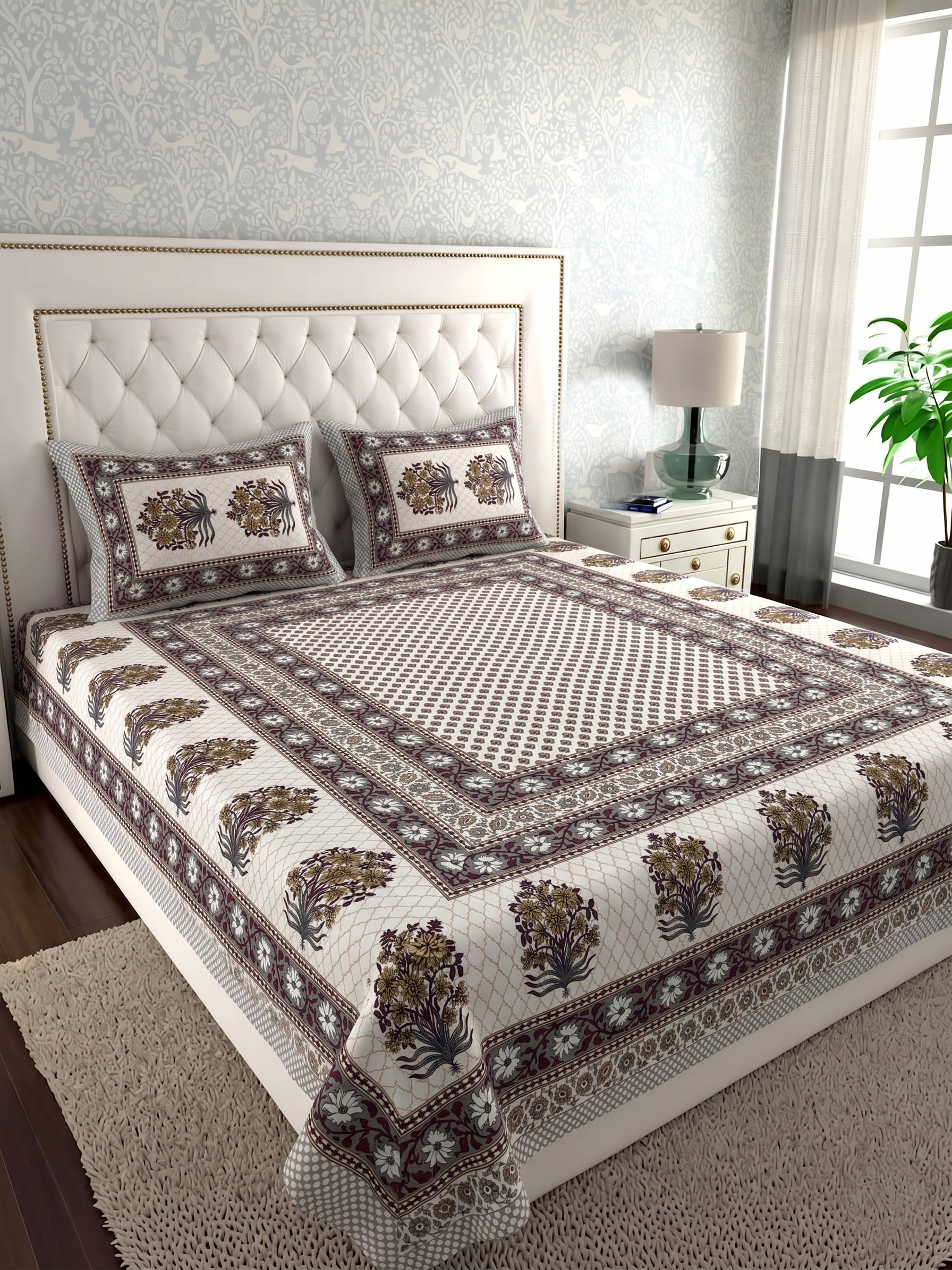 Premium Pure Cotton Bedsheet with Traditional Floral Border Print (Maroon)