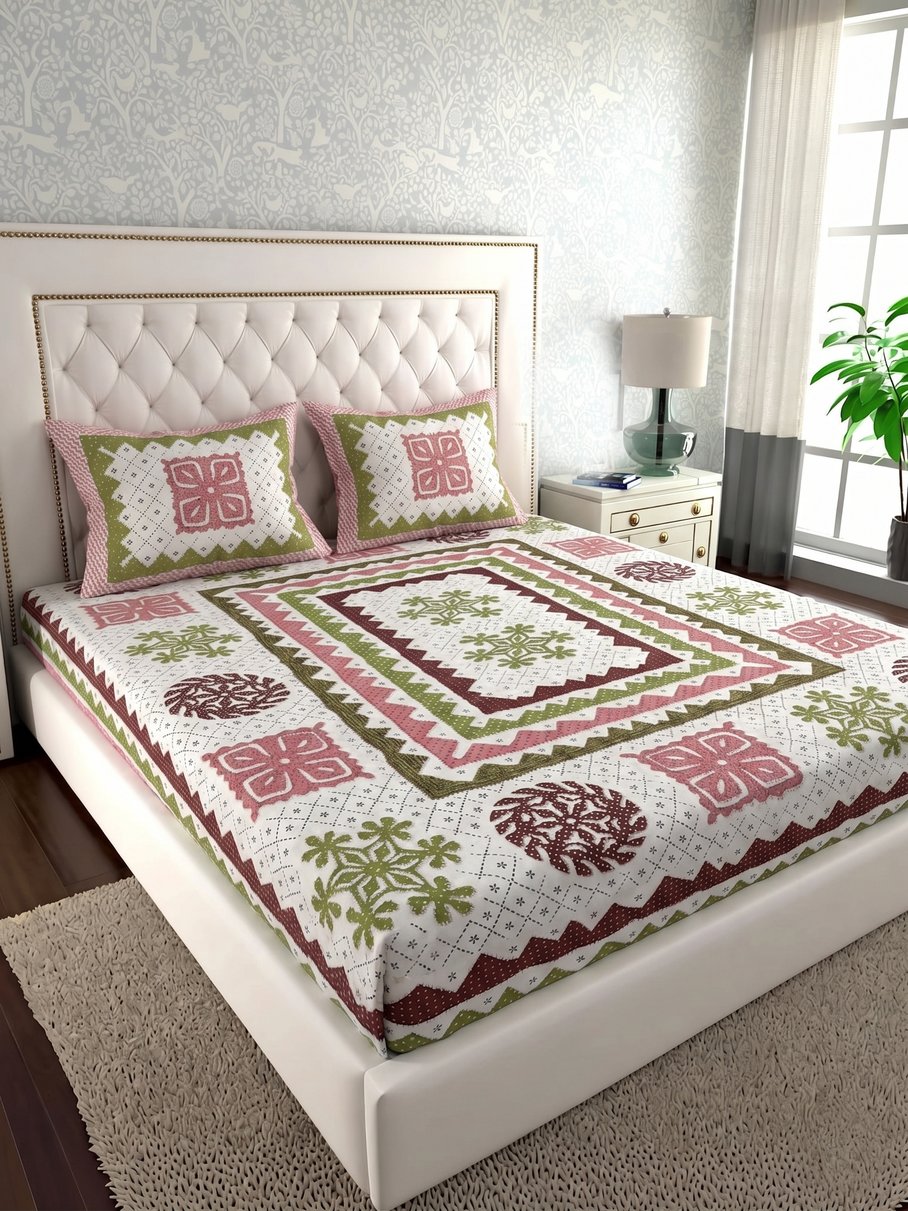 Pure Cotton Bedsheet with Pastel Ethnic Geometric Print – Pink & Green Design