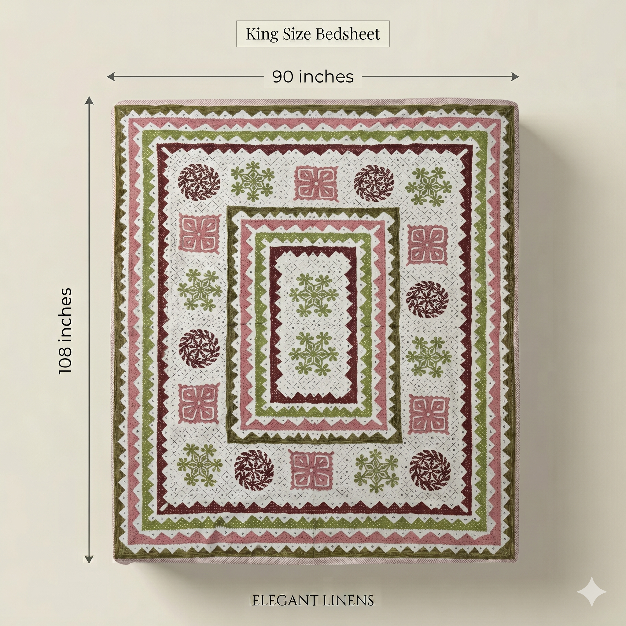 Pure Cotton Bedsheet with Pastel Ethnic Geometric Print – Pink & Green Design