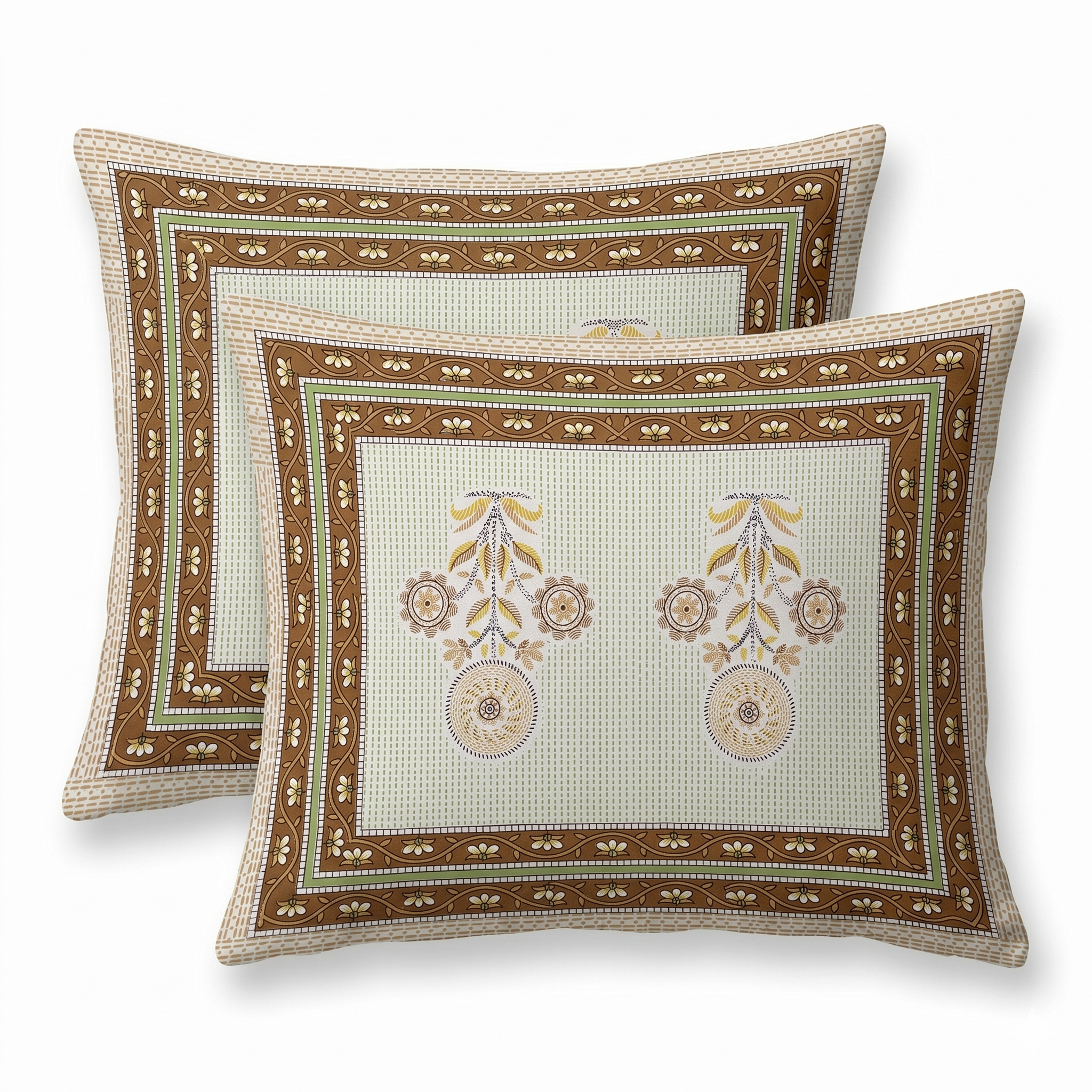 Premium Pure Cotton Bedsheet – Ethnic Floral Border Print (Beige & Brown)