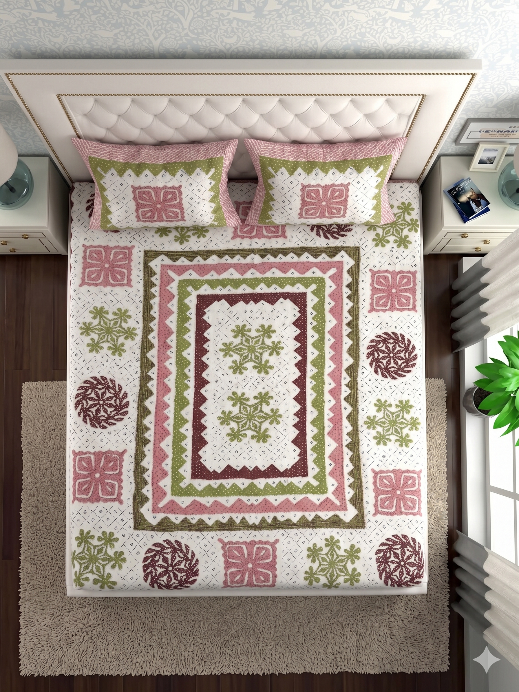 Pure Cotton Bedsheet with Pastel Ethnic Geometric Print – Pink & Green Design
