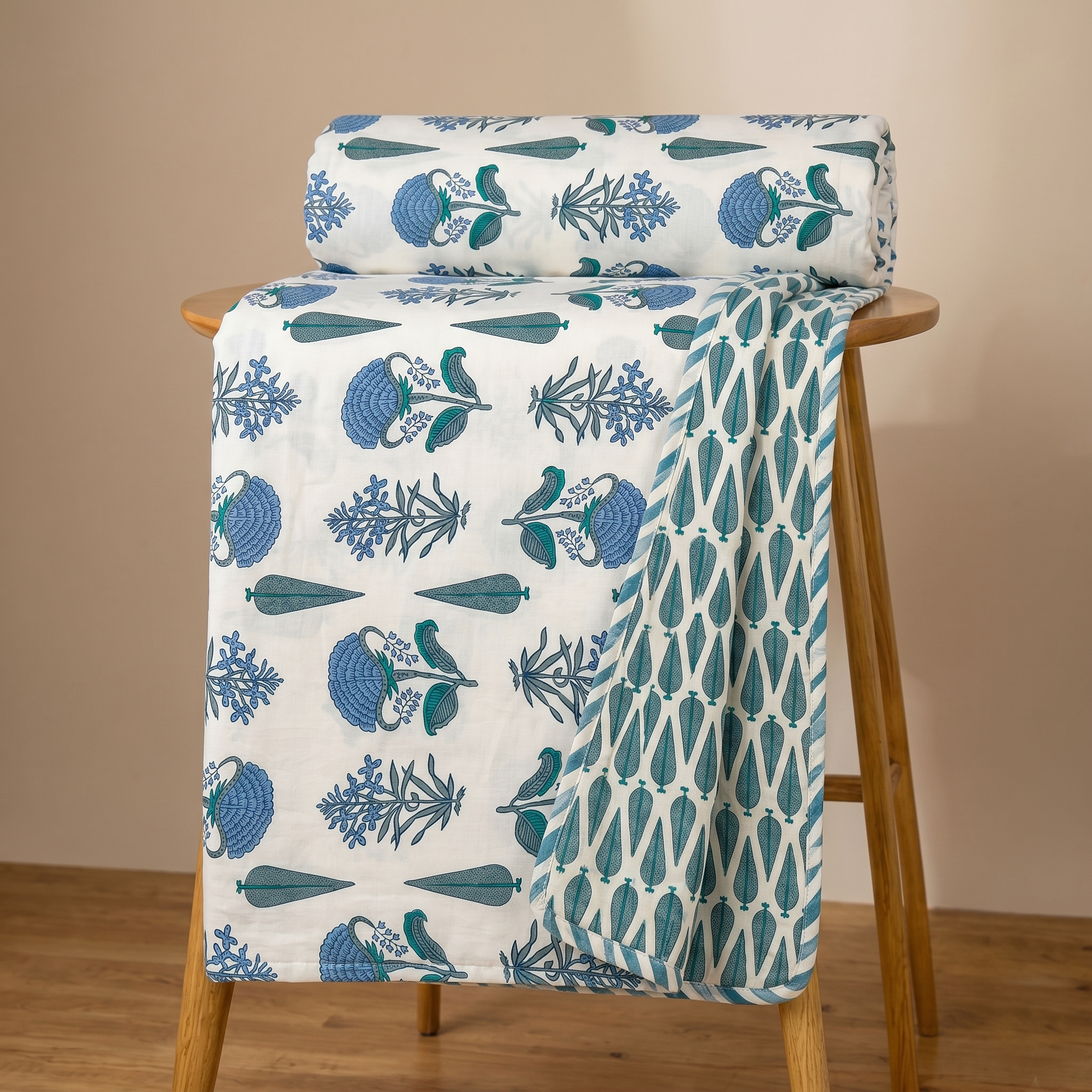 Teal & Blue Floral Pure Cotton Single Bed Dohar