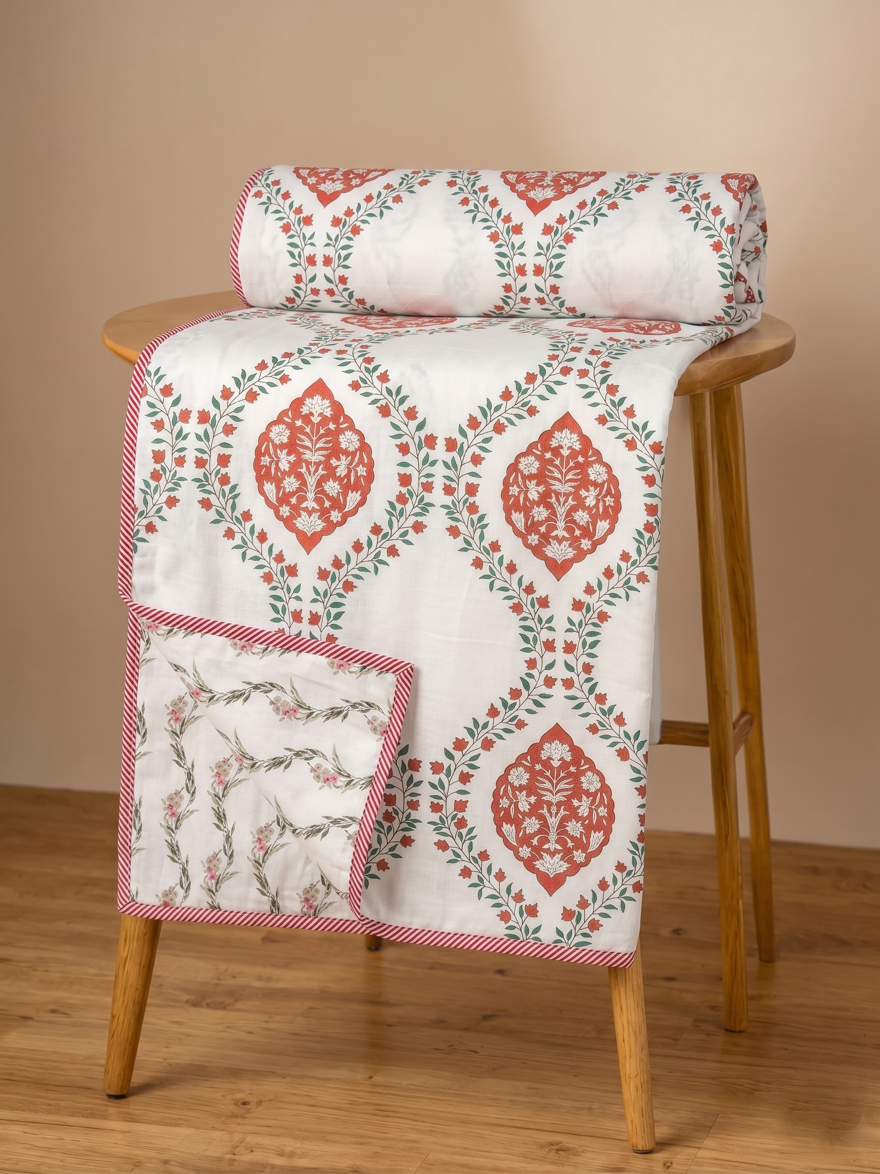 Coral Floral Vine Reversible Pure Cotton Single Bed Dohar