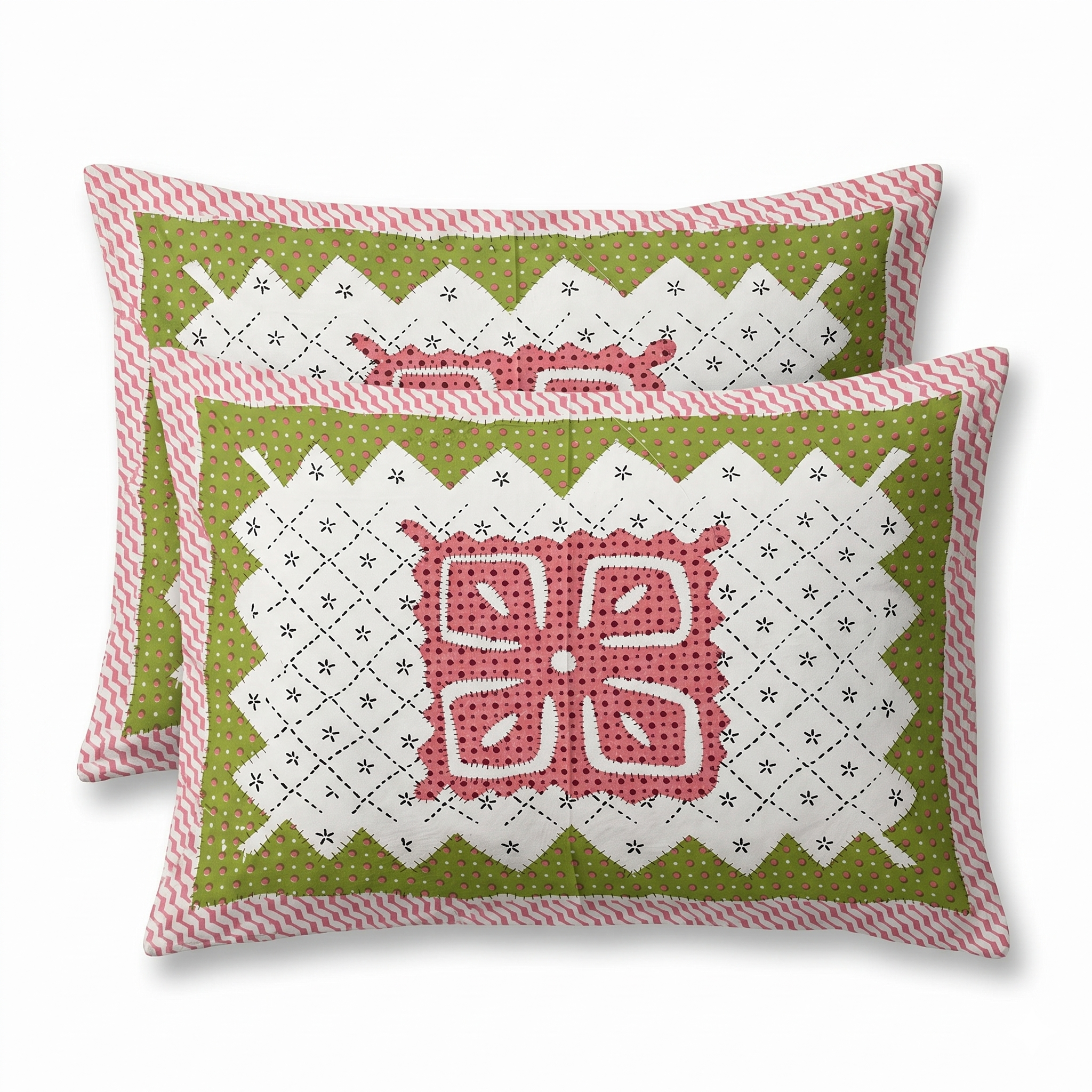Pure Cotton Bedsheet with Pastel Ethnic Geometric Print – Pink & Green Design