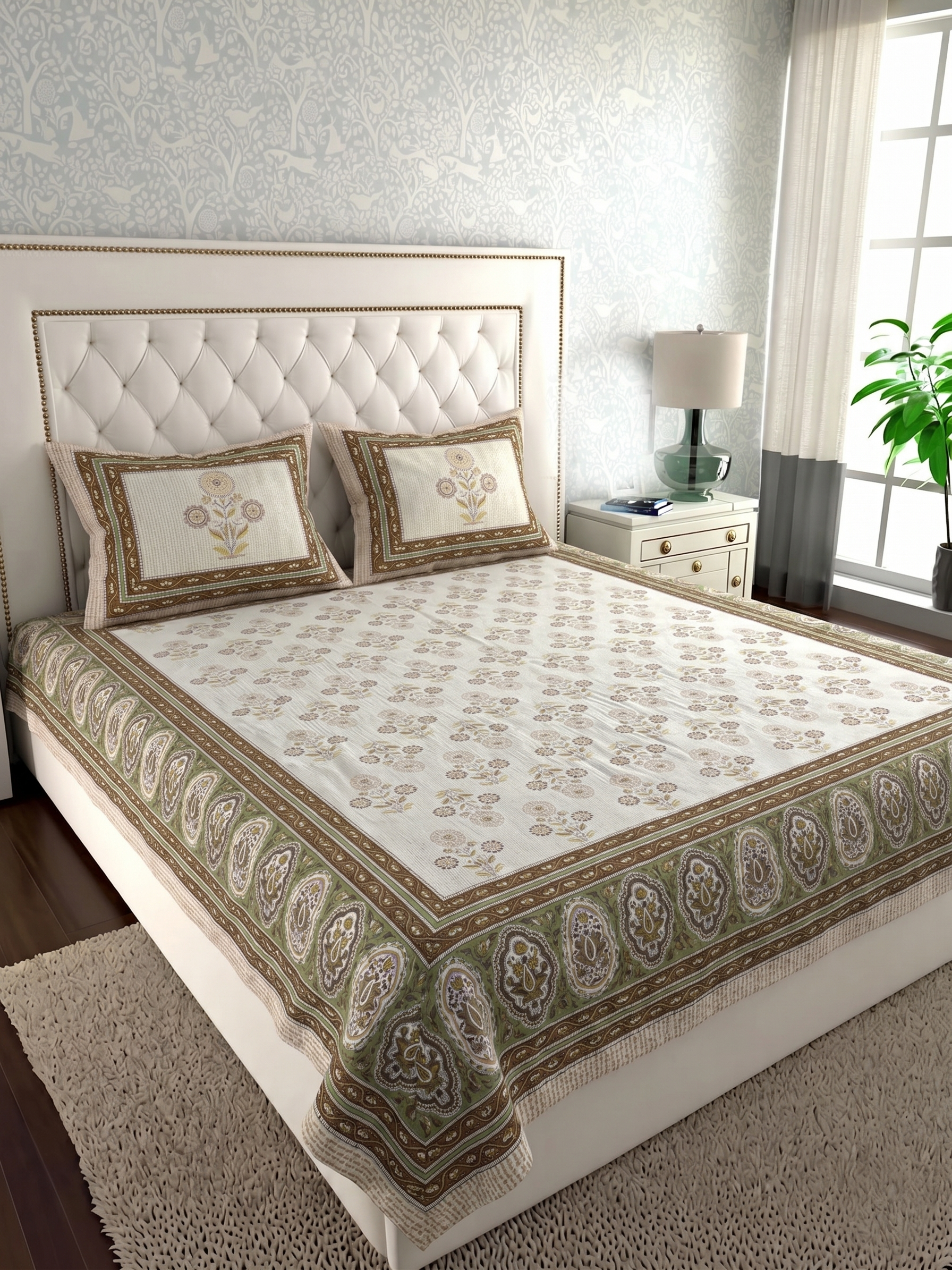 Premium Pure Cotton Bedsheet – Ethnic Floral Border Print (Beige & Brown)