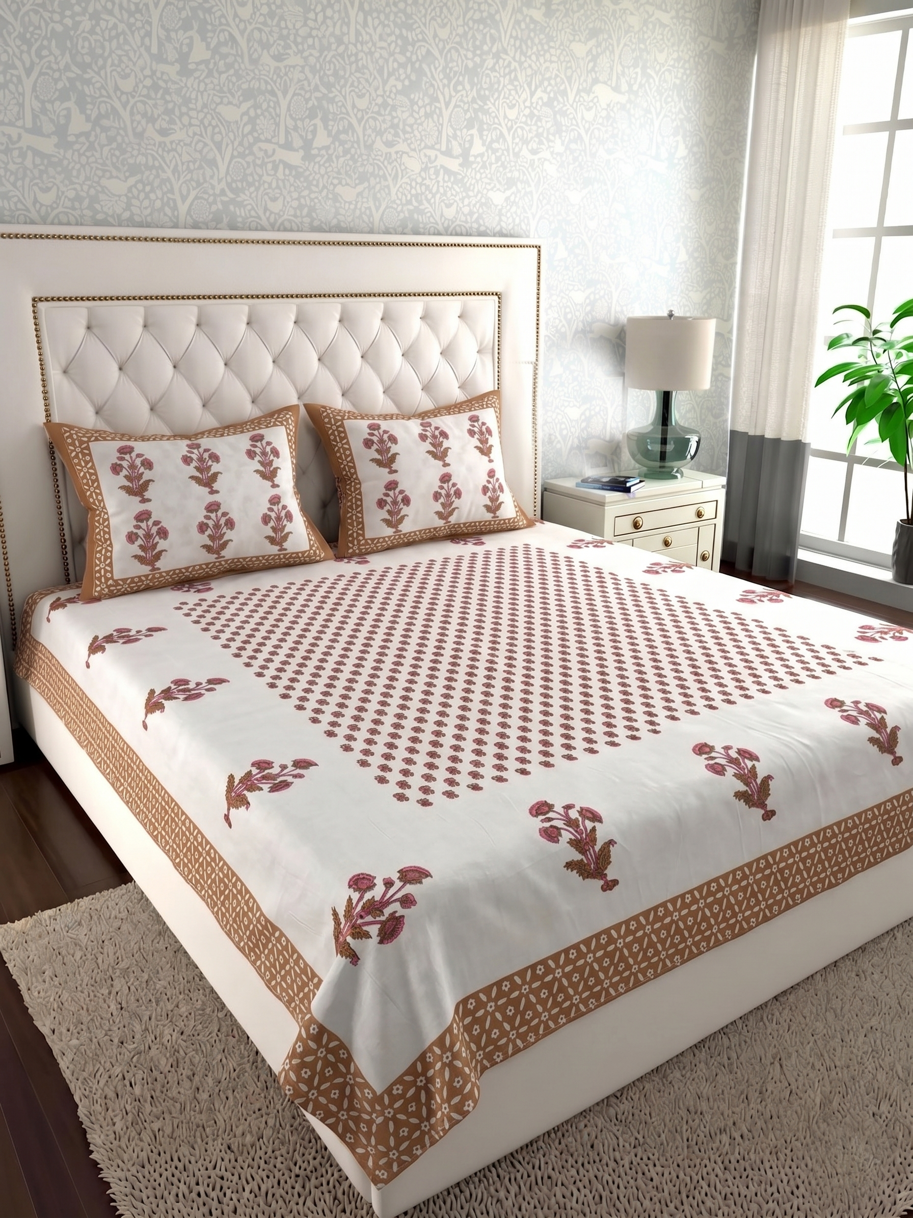 Premium Pure Cotton Bedsheet – Traditional Floral Buti Print with Border
