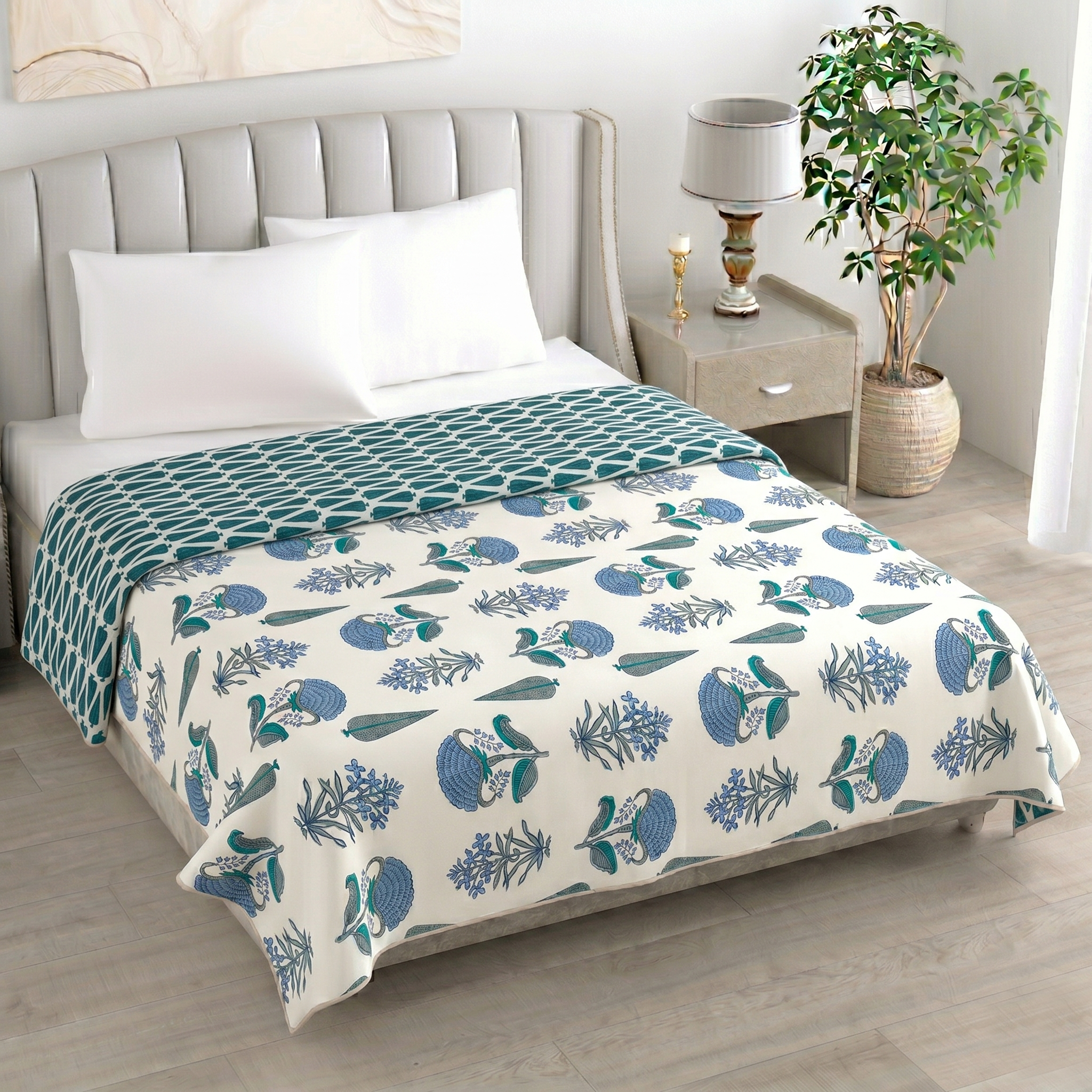 Teal & Blue Floral Pure Cotton Single Bed Dohar