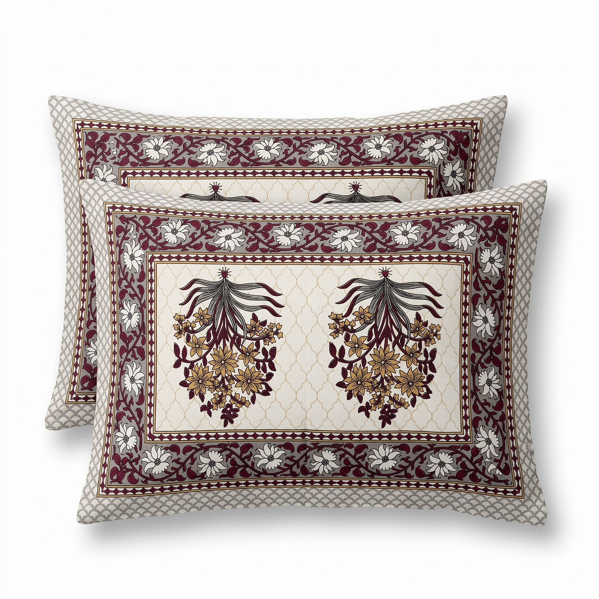Premium Pure Cotton Bedsheet with Traditional Floral Border Print (Maroon)