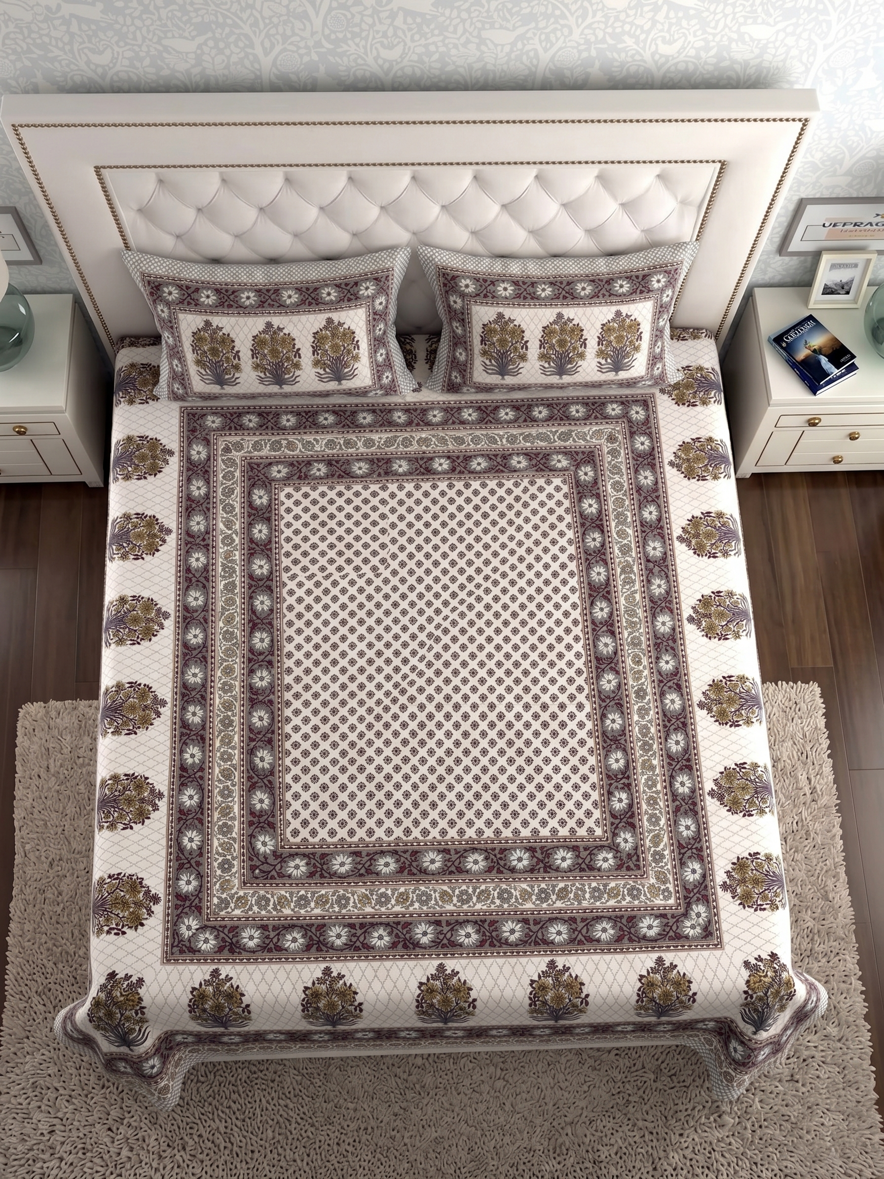 Premium Pure Cotton Bedsheet with Traditional Floral Border Print (Maroon)