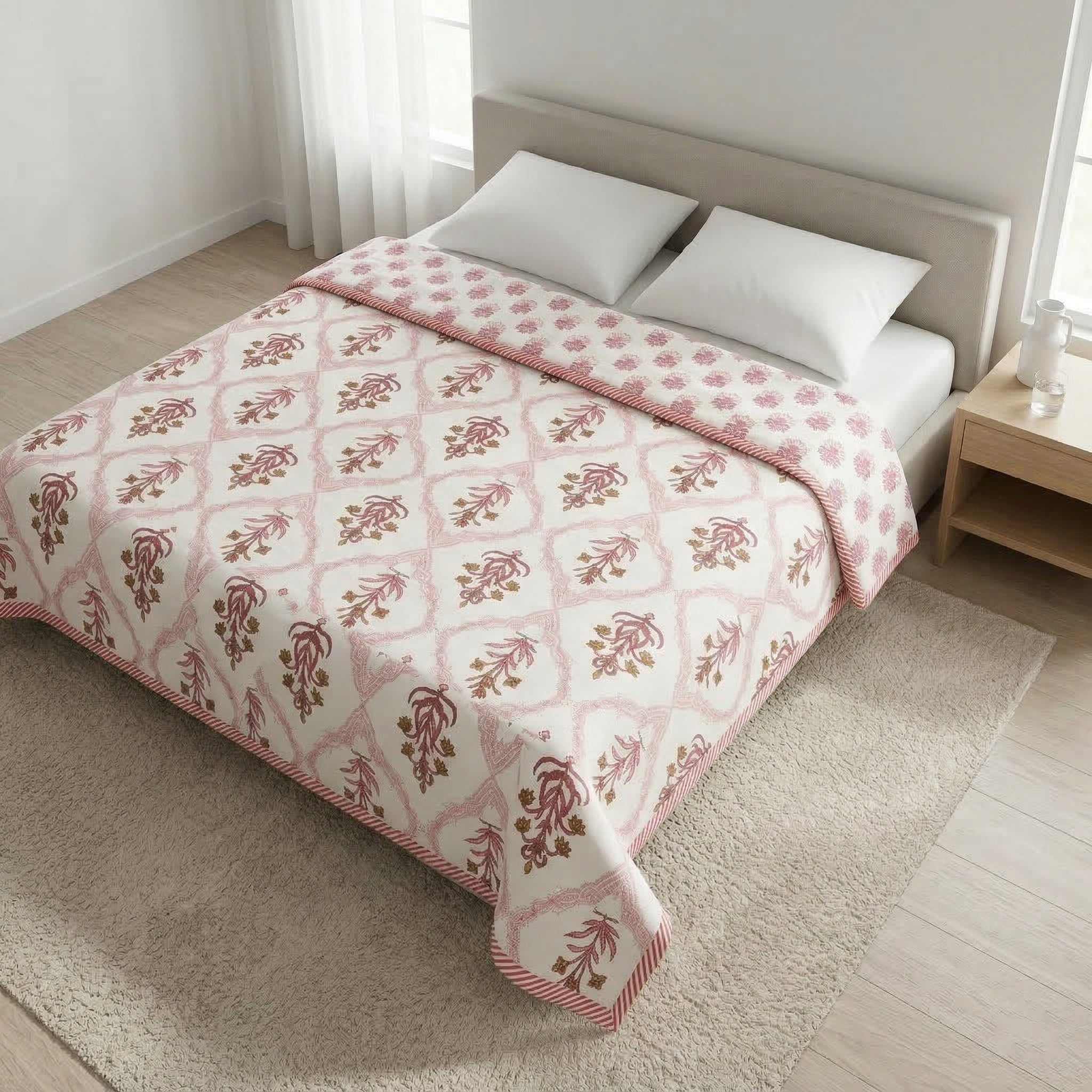 Peach Block Print Pure Cotton Single Bed Dohar