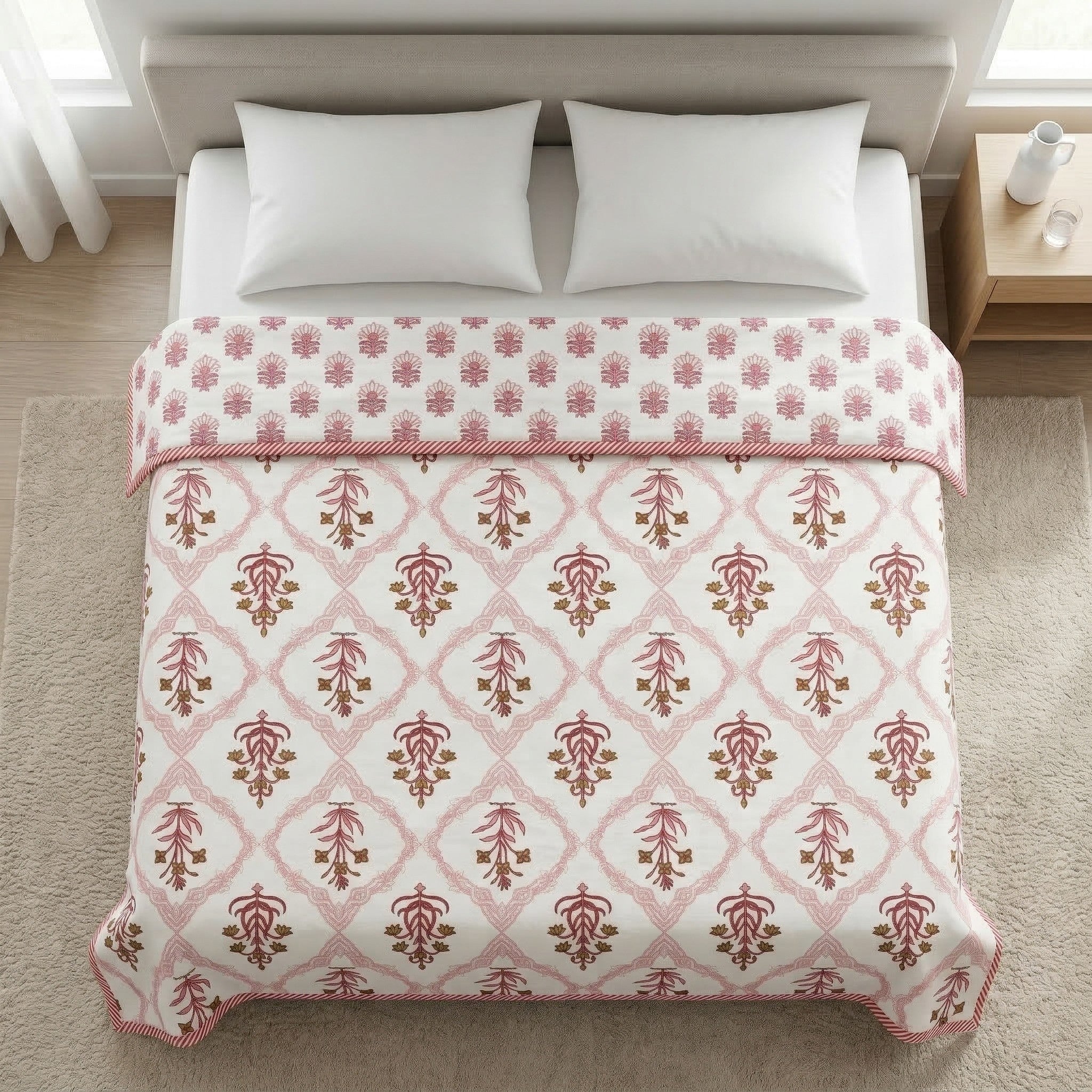 Peach Block Print Pure Cotton Single Bed Dohar